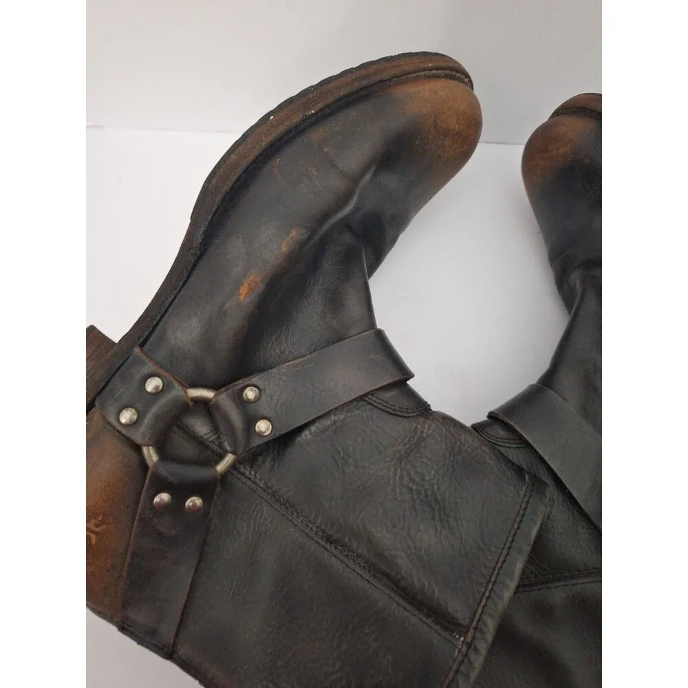 Vtg Frye Antiqued Black Leather Motorcycle Harness Boot Ankle Zip Up Mens 13 D